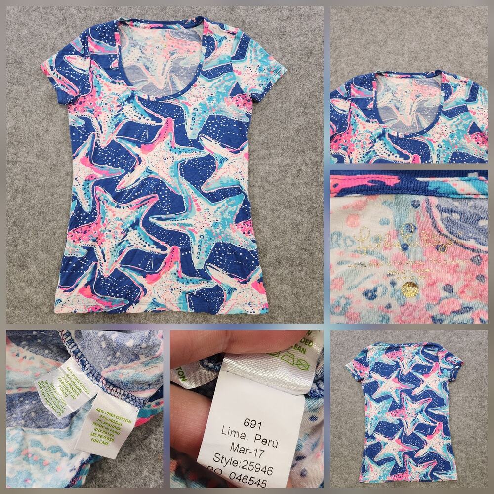 Lilly Pulitzer T Shirt Womens XXS Blue Pink Aqua Starfish Print Scoop Neck‎ Tee